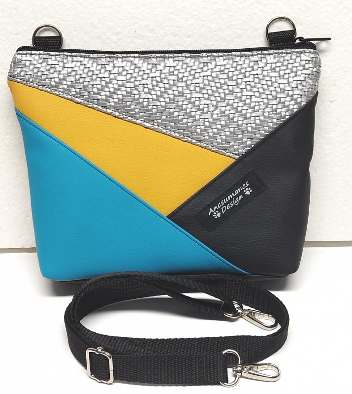 ColorBlock talpas válltáska oldaltáska övtáska  / fekete ezüst türkíz napsárga