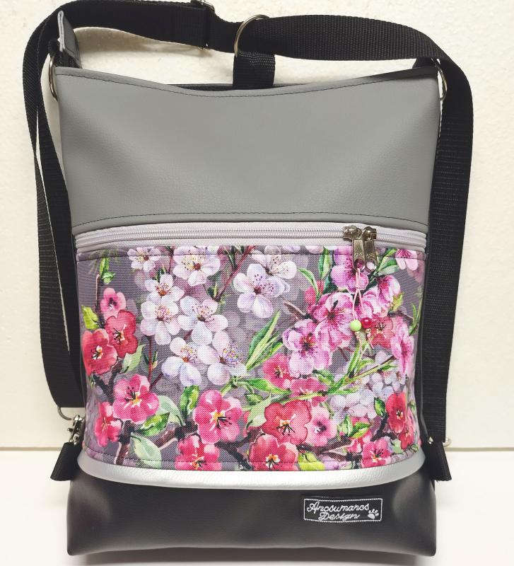 Cseresznye virágok 3in1 textilbőr hátizsák,univerzális táska,  szürke fekete alapon cordura díszítéssel
