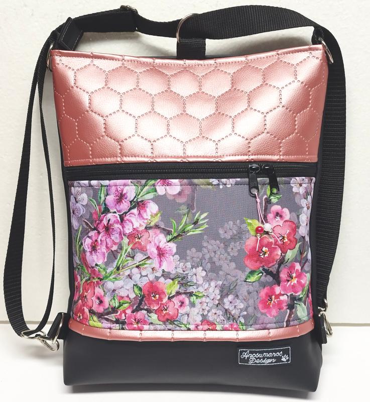 Cseresznyevirágok fekete rose alapon 3in1 textilbőr hátizsák oldaltáska