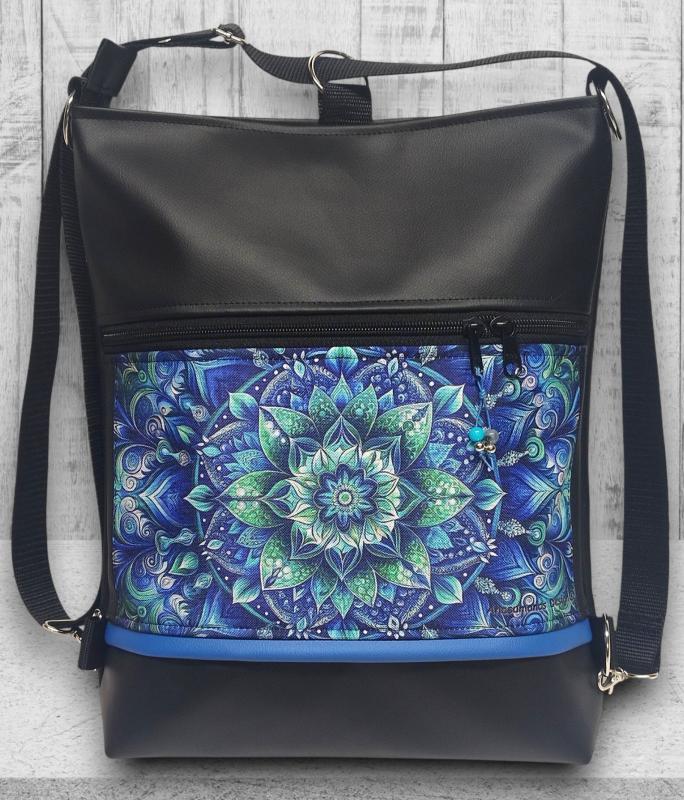 Designer kék mandalás 3in1 textilbőr hátizsák oldaltáska