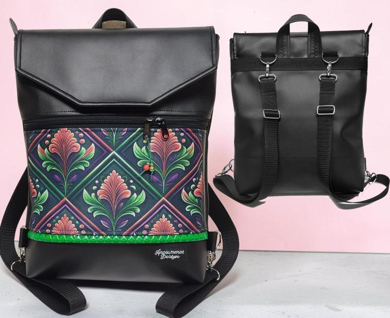 Designer mozaik paneles Fedélrészes 4 zsebes duplapántos hátizsák Modern tulipánok