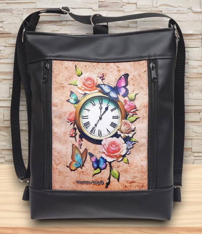 Designer órás 3in1 textilbőr hátizsák oldaltáska