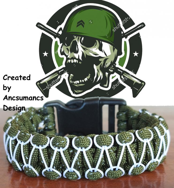 Designer túlélő paracord karkötő  biztonsági csattal COBRA RIDER STITCH ARMY keki fehér(csuklóméret 19-20cm)