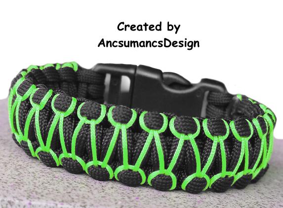 Designer túlélő paracord karkötő  biztonsági csattal COBRA RIDER STITCH Fekete neonzöld (csuklóméret 18-18,5cm)