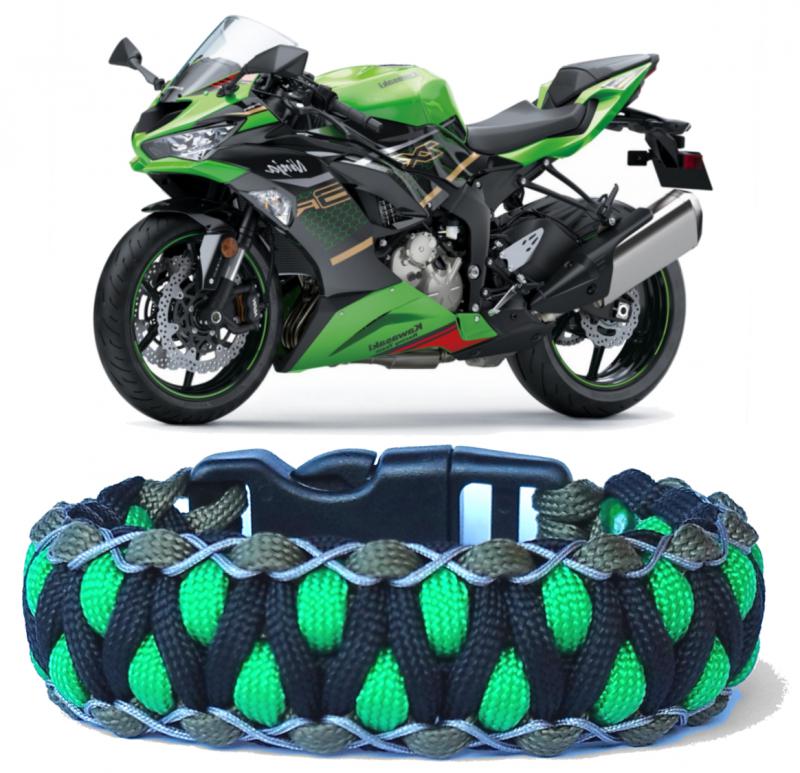 Designer túlélő paracord karkötő  biztonsági csattal DRAGON EYE STITCH fekete zöld keki (csuklóméret 19-20cm)