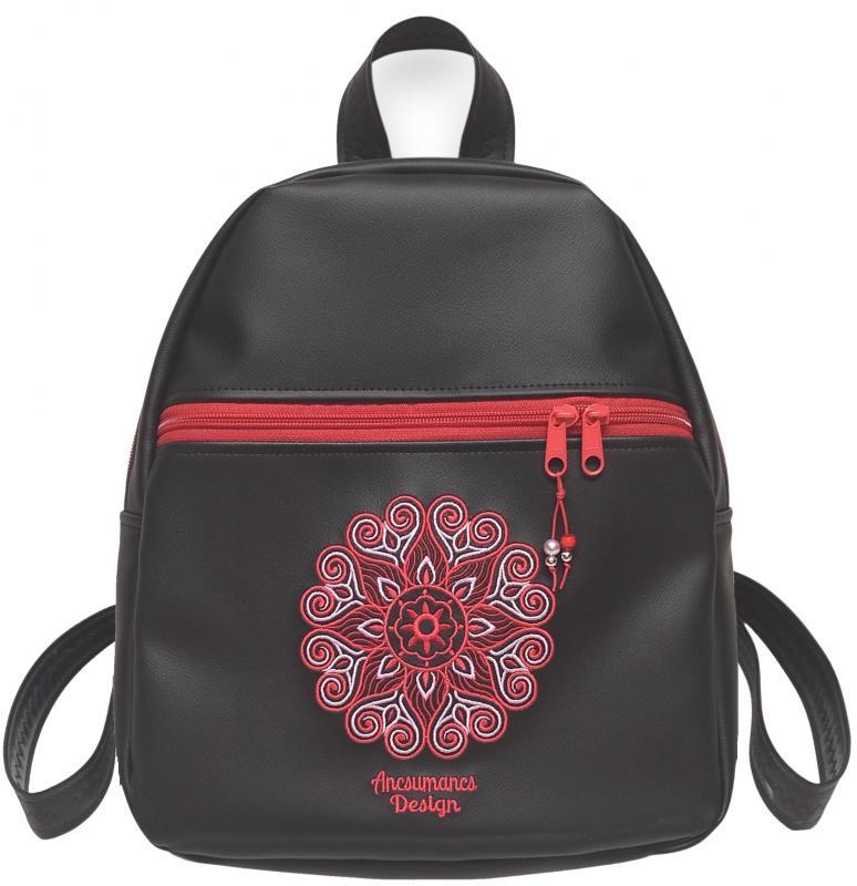 DORINA-L hátizsák - Hímzett mandalás, fekete-piros, textilbőr pántokkal (mandala002) 33x27x10