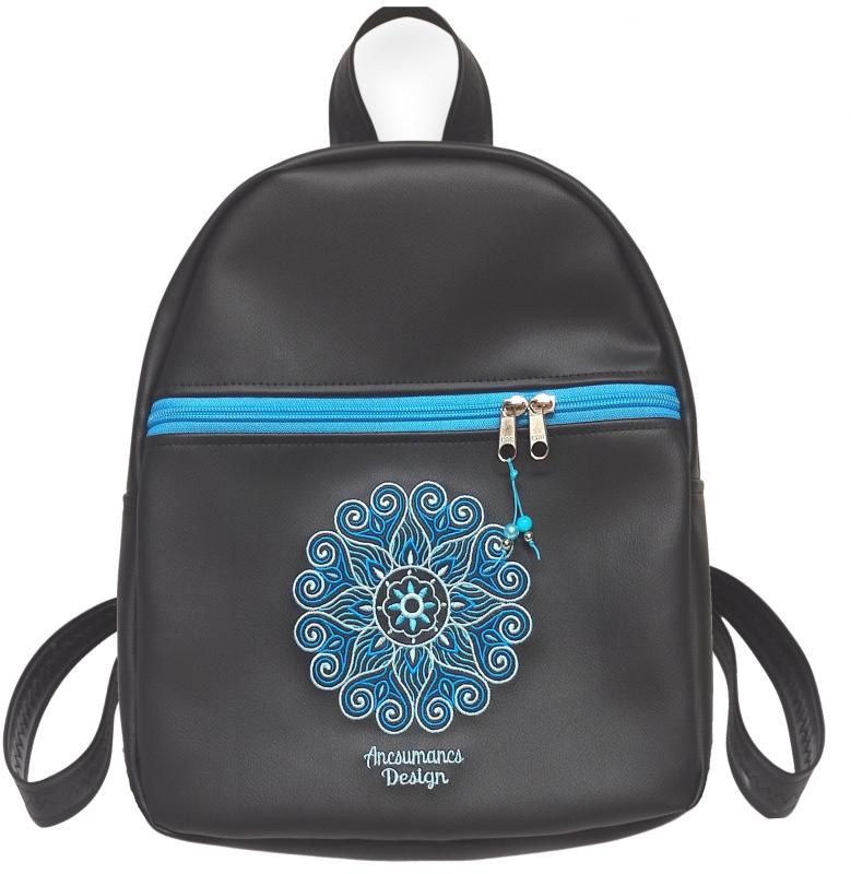 DORINA-L hátizsák - Hímzett mandalás, fekete-türkizkék, textilbőr pántokkal (mandala002) 33x27x10