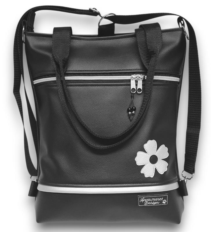 Egyke virágos elegáns 4in1 női hátizsák divattáska oldaltáska Fekete-ezüst