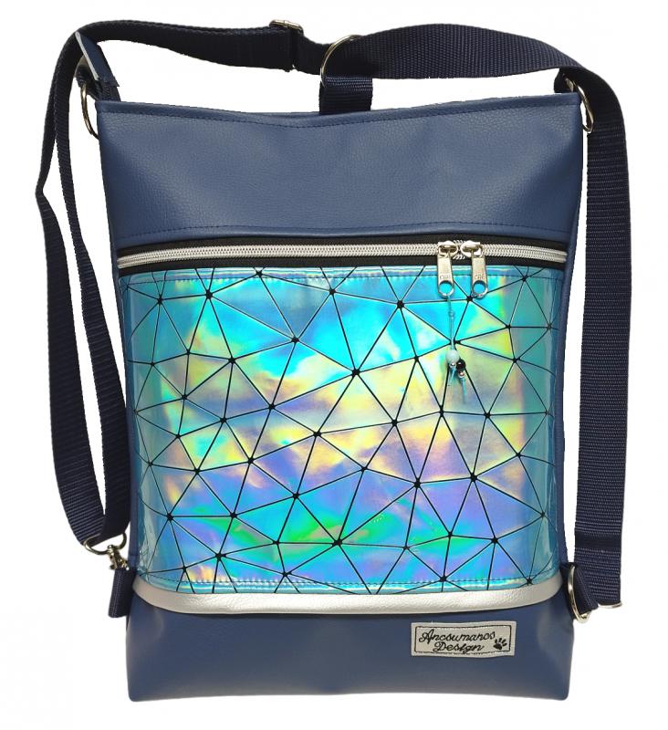 Elegáns 3in1 kék lézerhologramos textilbőr hátizsák univerzális táska tengerészkék alapon