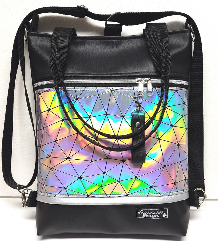 Elegáns 4in1 szivárvány lézerhologramos textilbőr hátizsák univerzális táska fekete alap