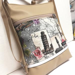 "I love Italia" 3in1 drapp-beige textilbőr hátizsák oldaltáska