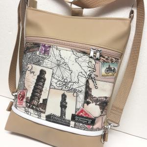 "I love Italia" 3in1 drapp-beige textilbőr hátizsák oldaltáska