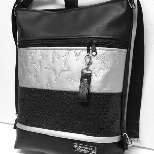 3in1 elegáns fekete-ezüst csillag női univerzális hátizsák oldaltáska szegecselt cipzárdísszel