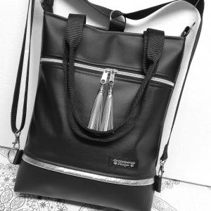 3in1 ezüstcipzáras bojtos fekete  hátizsák oldaltáska