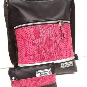 3in1 fekete pink metál hüllőmintás női hátizsák oldaltáska szett neszivel