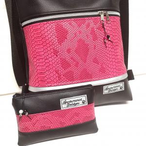 3in1 fekete pink metál hüllőmintás női hátizsák oldaltáska szett neszivel