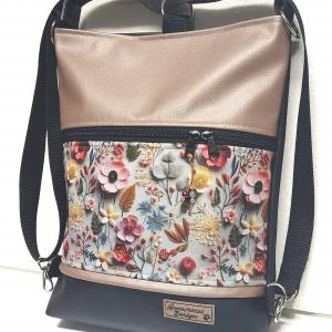 3in1 hátizsák univerzális táska 3D hatású virágok púder fekete alapon