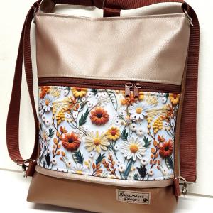 3in1 hátizsák univerzális táska 3D virágok Bronz púder alapon