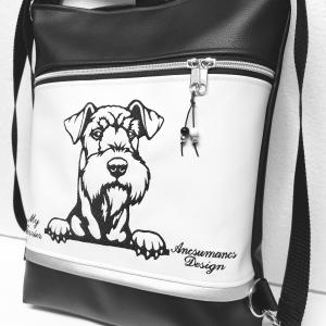 3in1 hímzett Airedale terrier kutyás hátizsák univerzális táska fekete fehér ezüst
