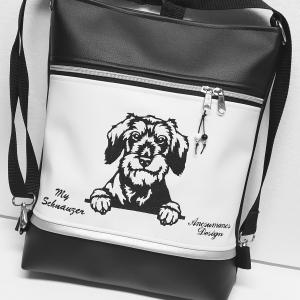 3in1 hímzett Schnauzer kutya hátizsák univerzális táska fekete fehér ezüst