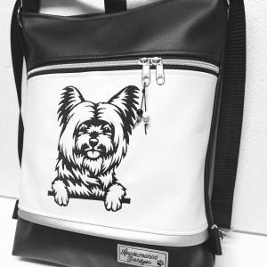 3in1 hímzett Yorkshire Terrier kutya hátizsák univerzális táska fekete fehér ezüst