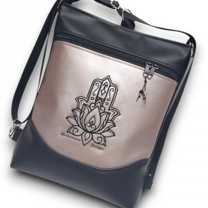 3in1 mosolyvonalas hátizsák univerzális táska Fatima keze hímzett fekete-gyöngyházpúder