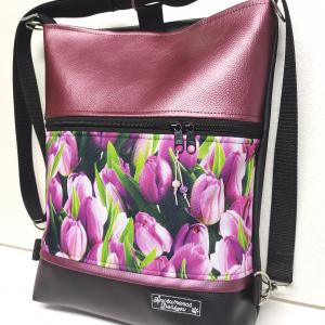 3in1 női hátizsák divattáska oldaltáska Lila tulipánok metál bőrrel