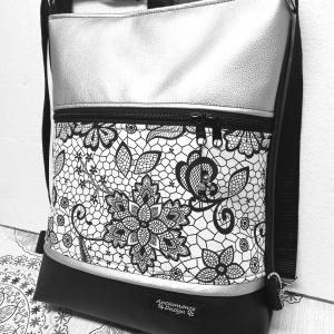 3in1 női hátizsák oldaltáska szett neszivel fekete ezüst csipke mintával