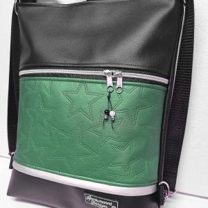 3in1 női hátizsák univerzális táska Zöld csillagok fekete alapon ezüst cipzárral