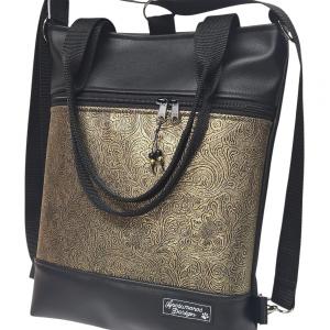4in1 elegáns fekete-indamintás bronz női hátizsák oldaltáska