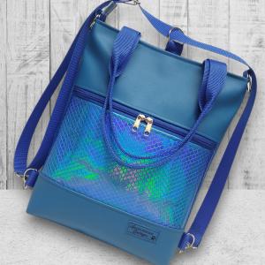 4in1 elegáns női hátizsák oldaltáska Kék alapon kék hologramos sellő mintás bőrrel