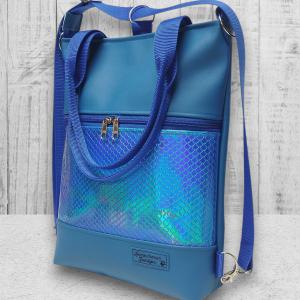 4in1 elegáns női hátizsák oldaltáska Kék alapon kék hologramos sellő mintás bőrrel