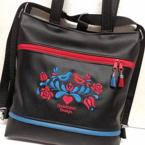4in1 nagy csini hímzett univerzális táska hátizsák Hungarian Folkart13 fekete alap kék-piros hímzéssel