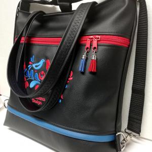 4in1 nagy csini hímzett univerzális táska hátizsák Hungarian Folkart13 fekete alap kék-piros hímzéssel