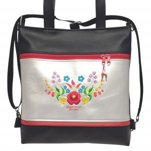 4in1 nagy csini hímzett univerzális táska hátizsák Hungarian Folkart27 fekete ezüst