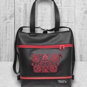 4in1 Nagy Csini Kalotaszegi Hímzett Univerzális Táska Hátizsák Fekete-piros