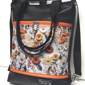 4in1 textilbőr hátizsák univerzális táska 3D virágok fekete alapon narancs díszítéssel