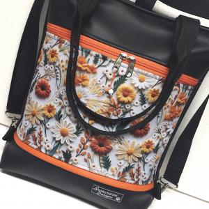 4in1 textilbőr hátizsák univerzális táska 3D virágok fekete alapon narancs díszítéssel