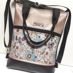 4in1 textilbőr hátizsák univerzális táska - Fekete gyöngyházpúder folk virágokkal