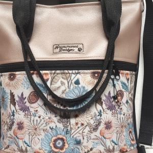 4in1 textilbőr hátizsák univerzális táska - Fekete gyöngyházpúder folk virágokkal