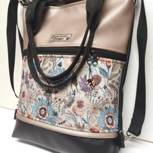 4in1 textilbőr hátizsák univerzális táska - Fekete gyöngyházpúder folk virágokkal