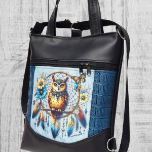 Álomfogó bagollyal Mosolyvonalas 4in1 textilbőr hátizsák oldaltáska rövid bőr kézifüllel