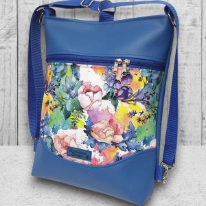 Aquarell virágok kék alapon mosolyvonalas 3in1 textilbőr hátizsák oldaltáska