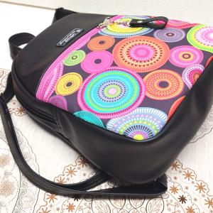 Back Pack M hátizsák - Elegáns fekete csajos mandalákkal textilbőr pántokkal 33x27x10