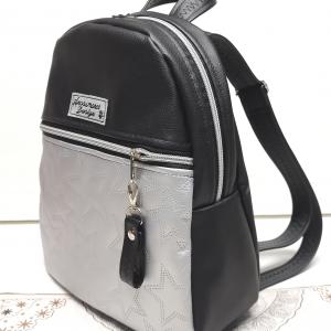 Back Pack M hátizsák - Elegáns fekete ezüst csillagokkal textilbőr pántokkal 33x27x10