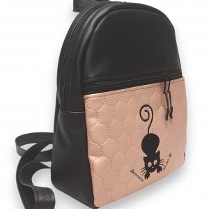 Back Pack M hátizsák - Hímzett cicás, fekete-rose, textilbőr pántokkal 33x27x10