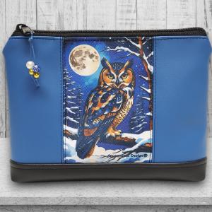 Bagoly 01 - Nagyméretű nyomtatott panellal díszített vízálló talpas textilbőr neszesszer