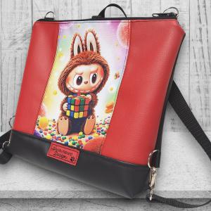 Bella 3in1 hátizsák oldaltáska 28x24cm - LABUBU piros fekete alapon