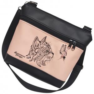 Bella crossbody oldaltáska 28x24cm - Hímzett cica pillangóval fekete-rose
