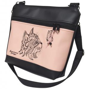 Bella crossbody oldaltáska 28x24cm - Hímzett cica pillangóval fekete-rose